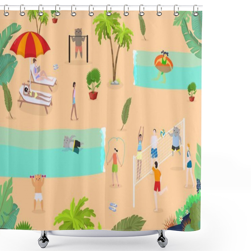 Personality  Sport Cat Character At Beach, Vector Illustration. Funny Artoon Animal And People On Vacation, Active Summer And Holiday. Shower Curtains