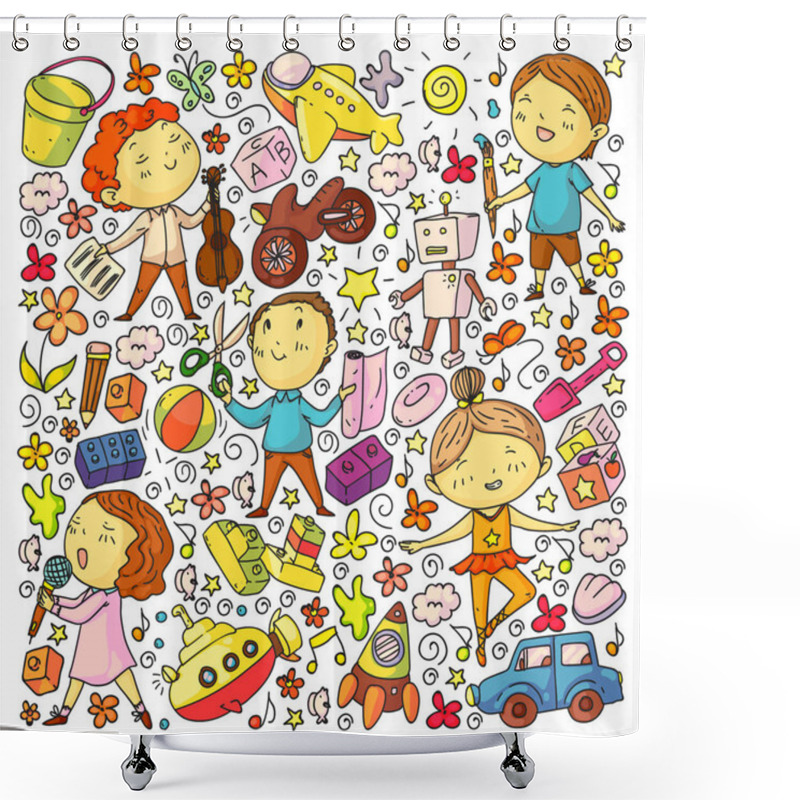 Personality  Painted By Hand Style Pattern On The Theme Of Childhood. Vector Illustration For Children Design. Shower Curtains