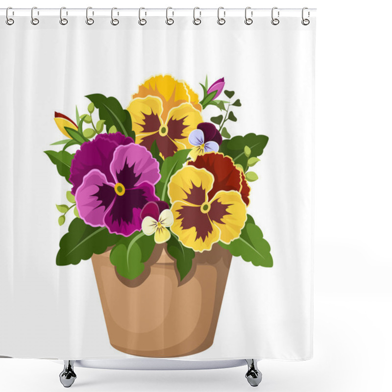 Personality  Pansy Flowers In A Pot. Vector Illustration. Shower Curtains