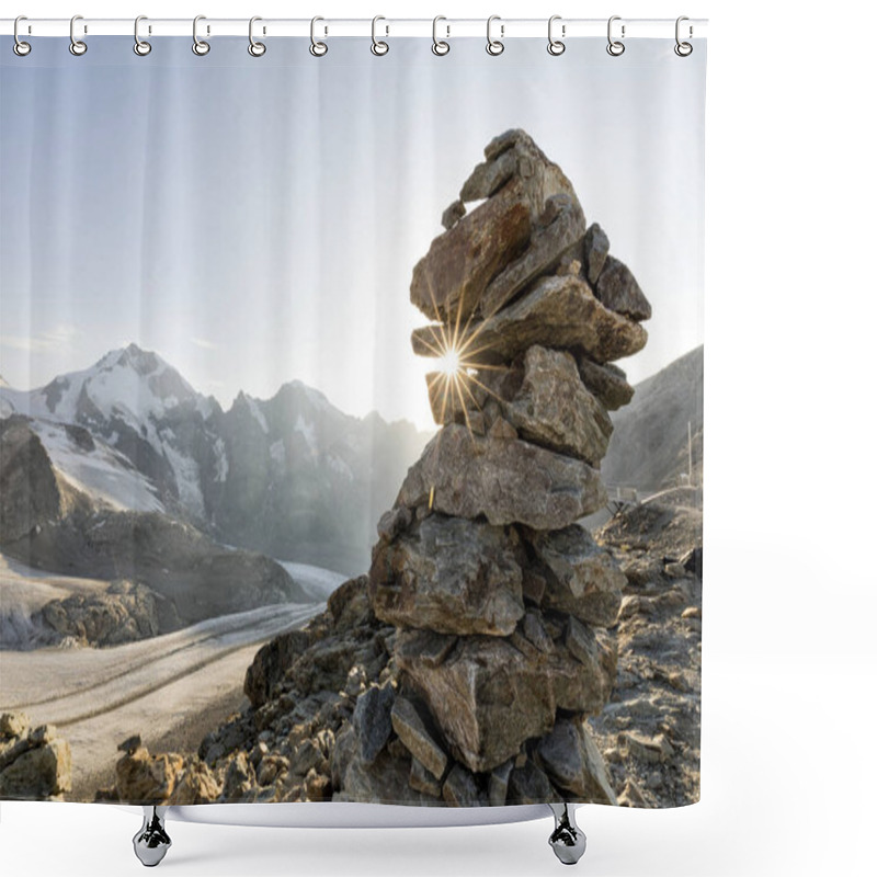 Personality  Cairn With Sunray In The Alps With Glacier In The Background, Diavolezza, Engandin, Switzerland Shower Curtains