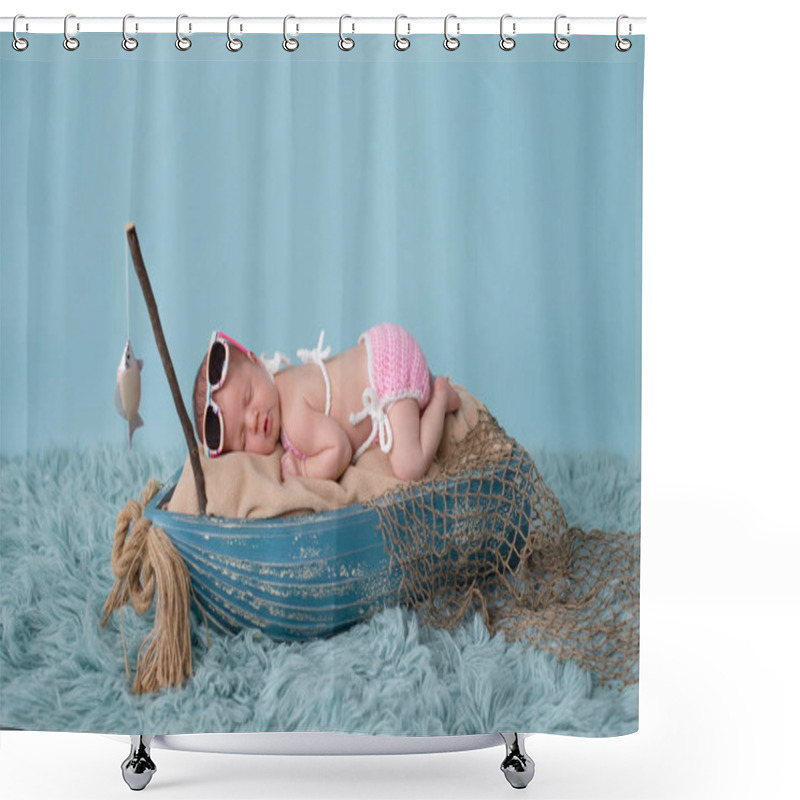 Personality  Portrait Of A Nine Day Old Newborn Baby Girl. She Is Sleeping In A Miniature Fishing Boat And Wearing Sunglasses And A Pink Bikini. Shot In The Studio On An Aqua Colored Flokati Rug. Shower Curtains