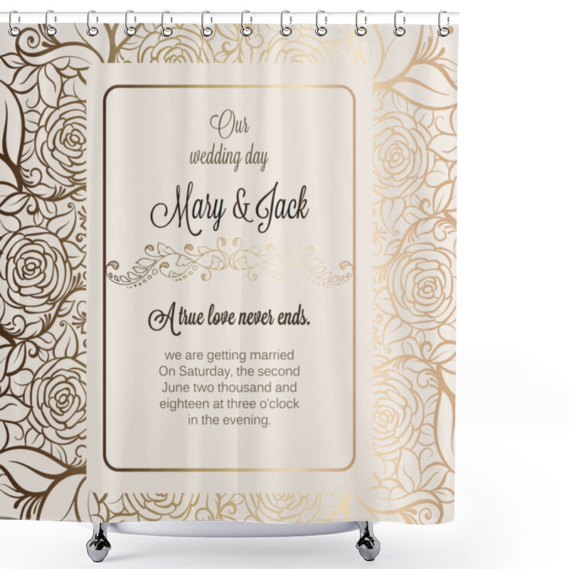 Personality  Antique Baroque Luxury Wedding Invitation, Gold On Beige Background With Frame And Place For Text, Lacy Foliage Made Of Roses With Shiny Gradient. Shower Curtains