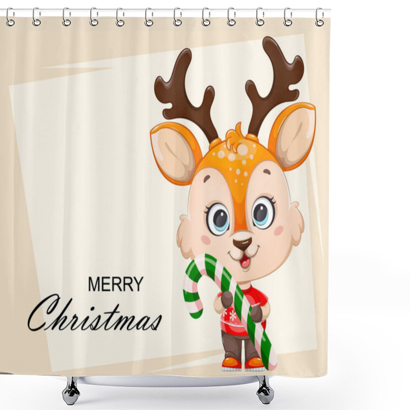 Personality  Merry Christmas Greeting Card. Cute Baby Deer Holding Big Candy Cane. Cheerful Little Reindeer Cartoon Character. Happy New Year. Stock Vector Illustration Shower Curtains