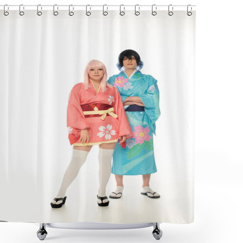 Personality  Anime Style Couple In Vibrant Traditional Attire And Wigs Looking At Camera On White, Full Length Shower Curtains