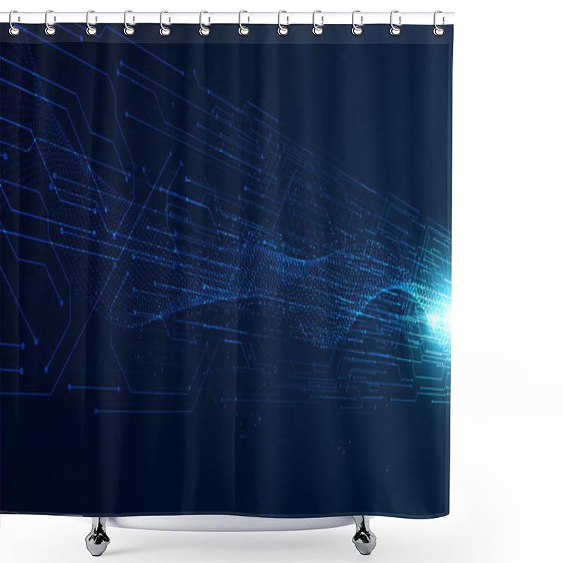 Personality  Abstract Speed Digital Circuit Board And Wave Particle Futuristic Future High Speed Motion On The Blue Background Shower Curtains