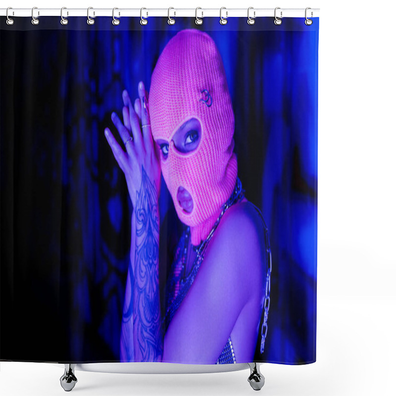 Personality  Young Tattooed Woman In Balaclava And Silver Neck Chains Looking At Camera Near Wall With Graffiti In Blue And Purple Light Shower Curtains