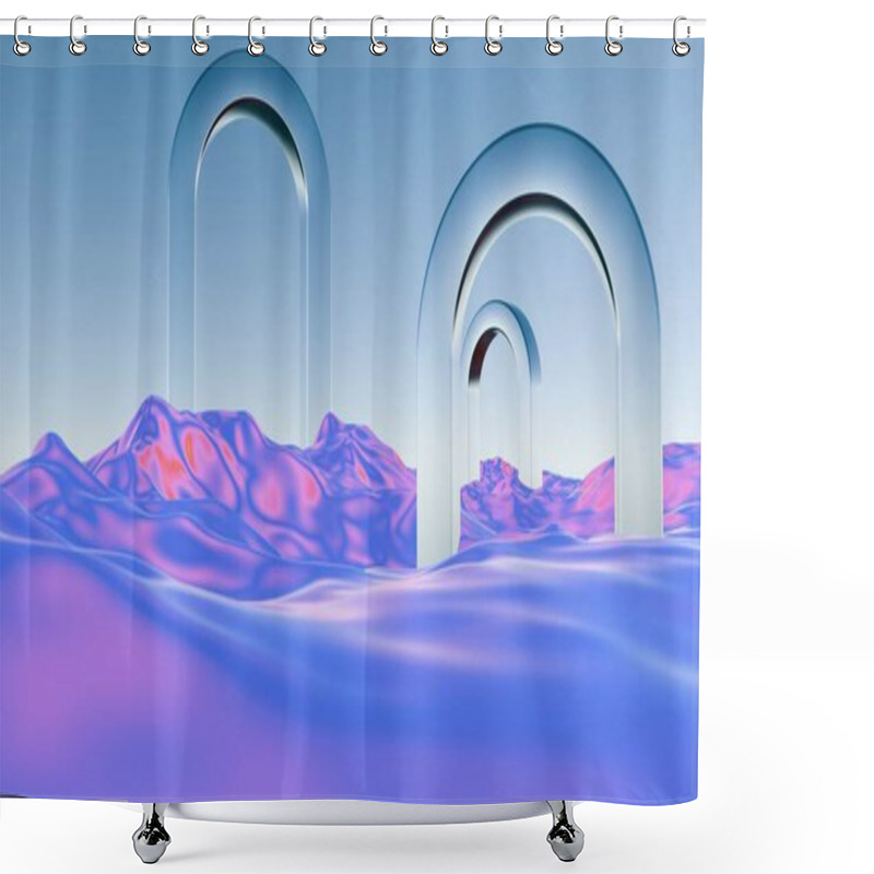 Personality  Surreal Landscape With Metallic Arches And Vibrant Fluid Terrain Shower Curtains