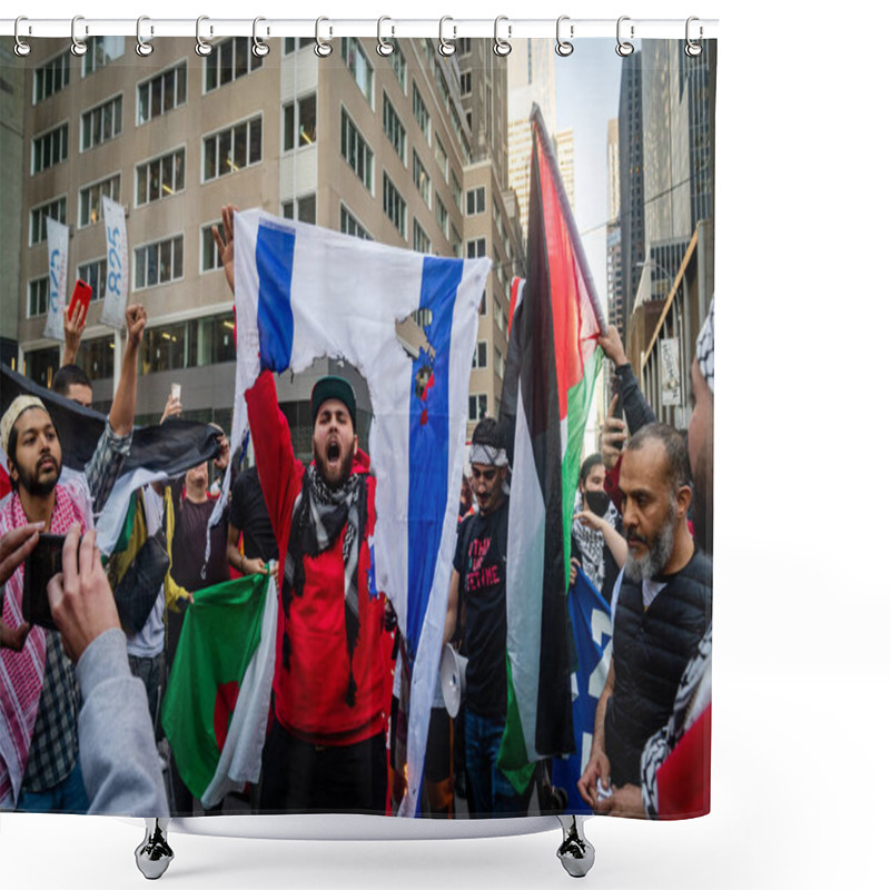 Personality  NEW YORK, UNITED STATES - May 15, 2021: Pro-Palestine, Anti-Israel Protesters Hold A Rally In New York City During Fighting Between Israel And Hamas In The Gaza Strip Shower Curtains