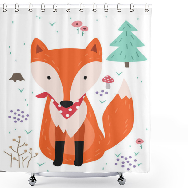 Personality  Cute Fox. Woodland Forest Animal. Poster For Baby Room. Childish Print For Nursery. Design Can Be Used For Fashion T-shirt, Greeting Card, Baby Shower...Vector Illustration. Shower Curtains