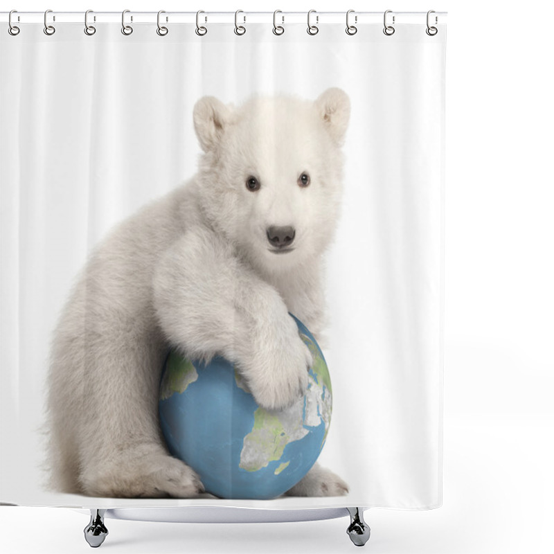 Personality  Polar Bear Cub, Ursus Maritimus, 3 Months Old, With Globe Sitting Against White Background Shower Curtains