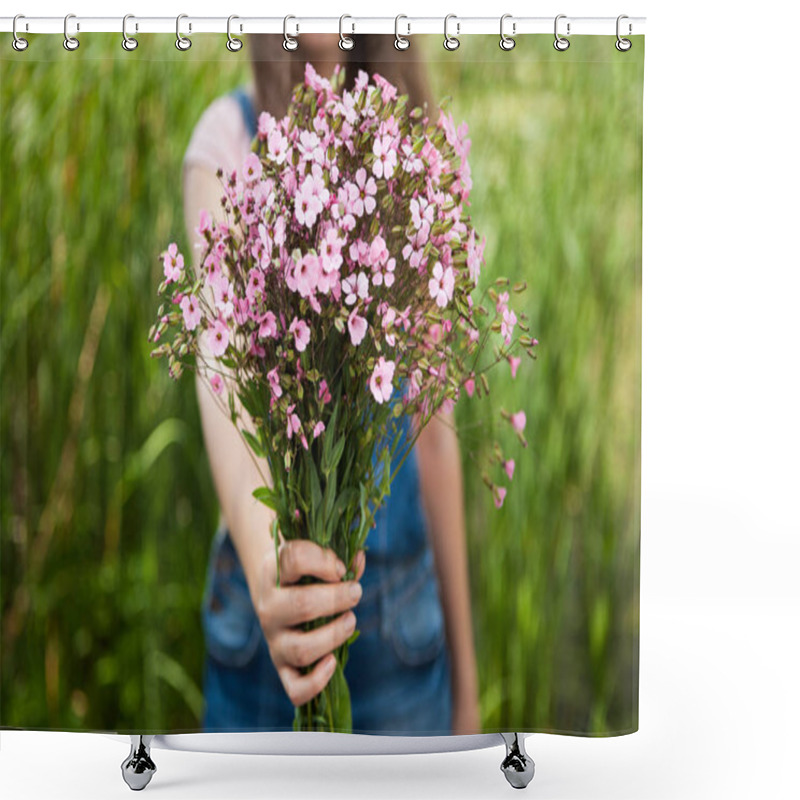 Personality  Beautiful Happy Woman With Pink Flowers Bouquet Shower Curtains