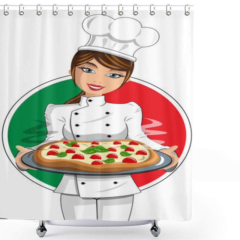 Personality  Italian Woman Cook In Uniform Serving Pizza Isolated Shower Curtains