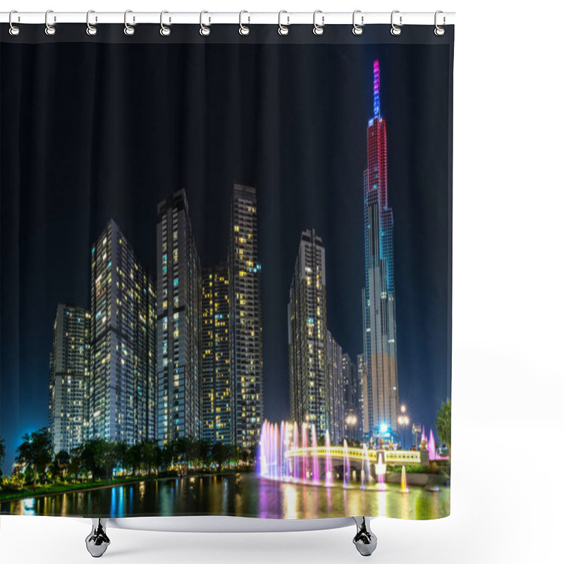 Personality  Ho Chi Minh City, Vietnam - August 1st, 2018: A State Of Art Fountain At Night With Colorful Lights Shimmering, Behind The Skyscrapers In The Urban Park Development In Ho Chi Minh City. Minh, Vietnam Shower Curtains