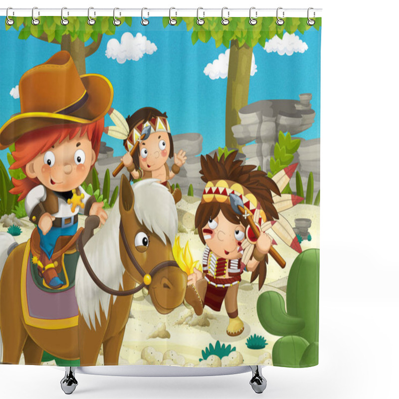 Personality  Indians Near The Fire And A Cowboy On Horse Shower Curtains