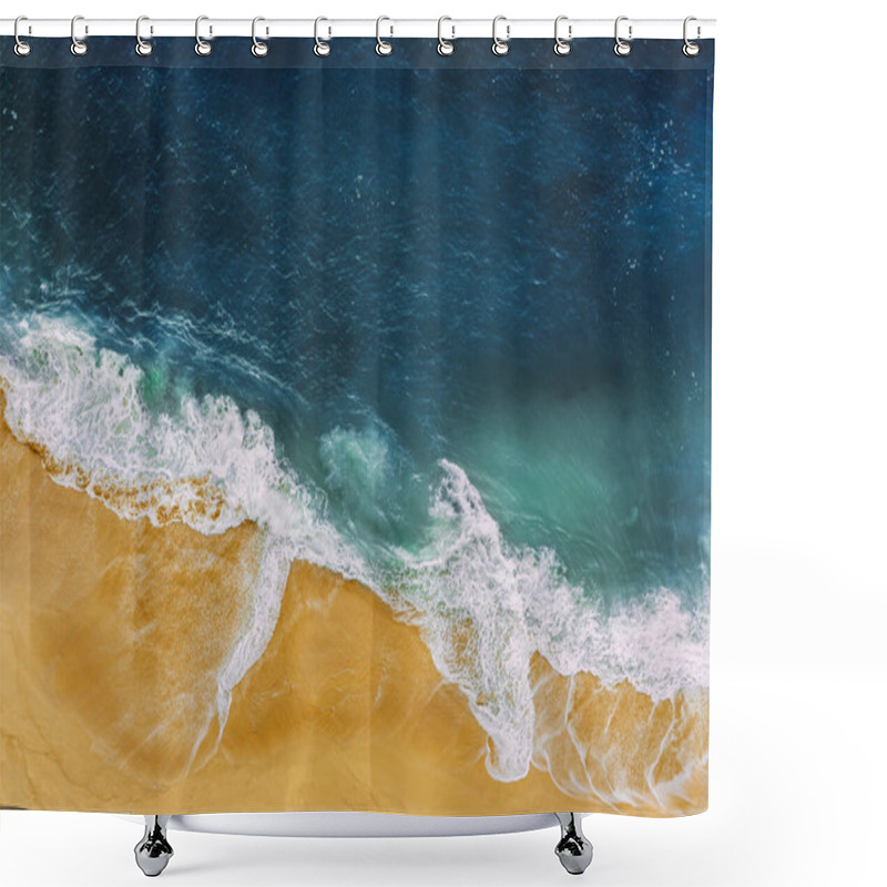 Personality  Sea Coast, View From The Height. Yellow Sandy Beach With Blue Sea. A Deserted Beach With A Bird's-eye View. Sea Waves Roll On The Sandy Beach. Beautiful Sea Landscape. Ocean, Waves, Sand. Copy Space Shower Curtains