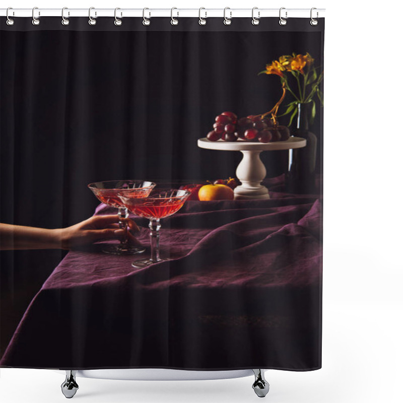 Personality  Cropped Shot Of Woman Taking Glass Of Wine From Table On Black Shower Curtains