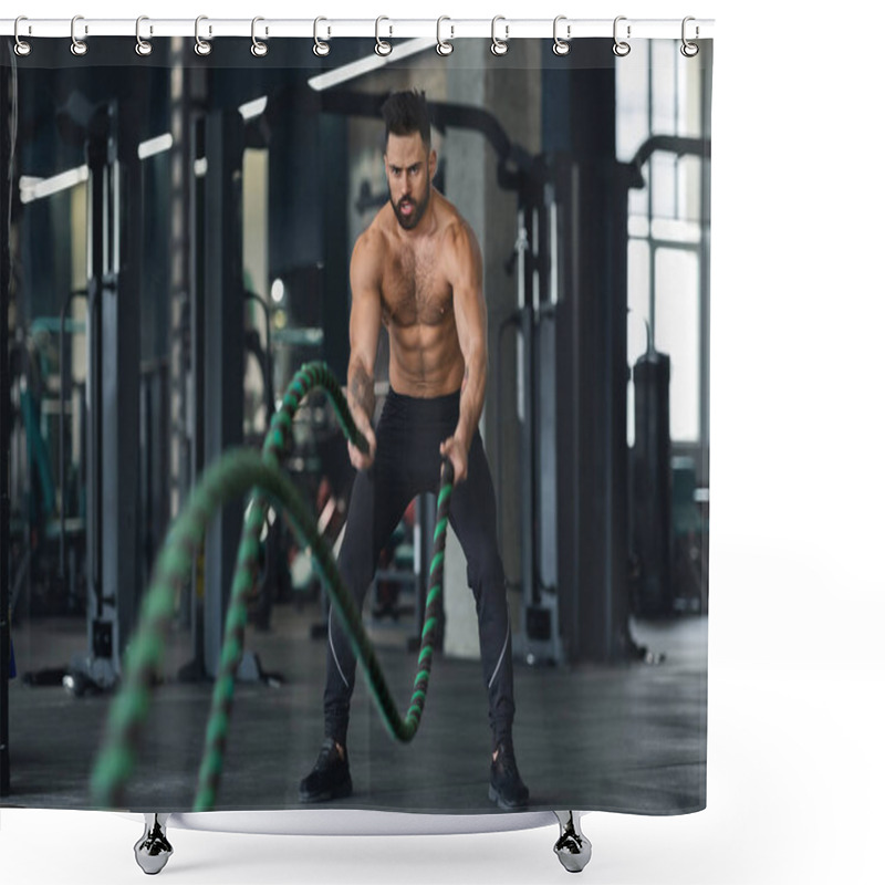 Personality  Fitness Man Working Out With Battle Ropes At Gym Shower Curtains