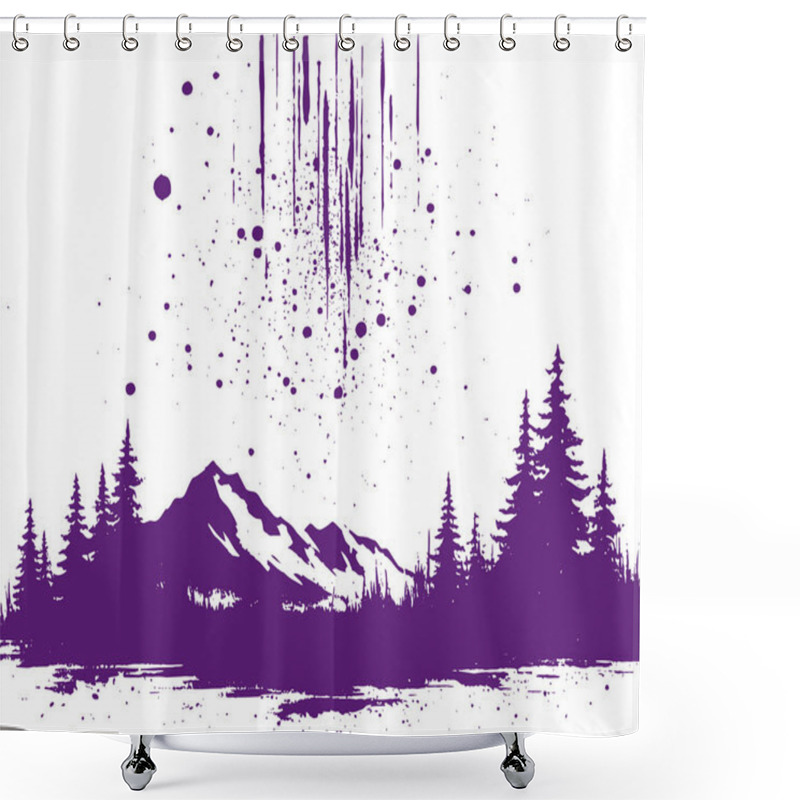 Personality  Vector Forest Landscape With Mountains And Northern Lights Silhouette Drawing Shower Curtains