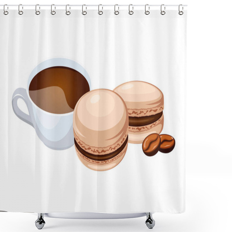 Personality  Coffee Macarons And Cup Of Coffee Vector Illustration. Brown French Macaroons Icon Vector Isolated On A White Background. Brown Macarons And Coffee Cup Drawing Shower Curtains