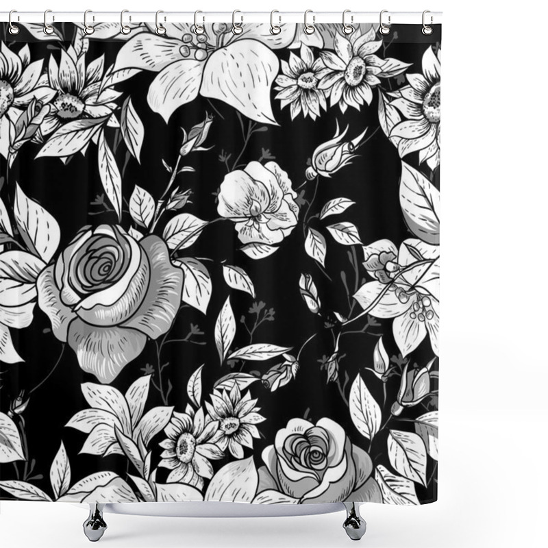 Personality  Seamless Monochrome Floral Background With Roses Shower Curtains