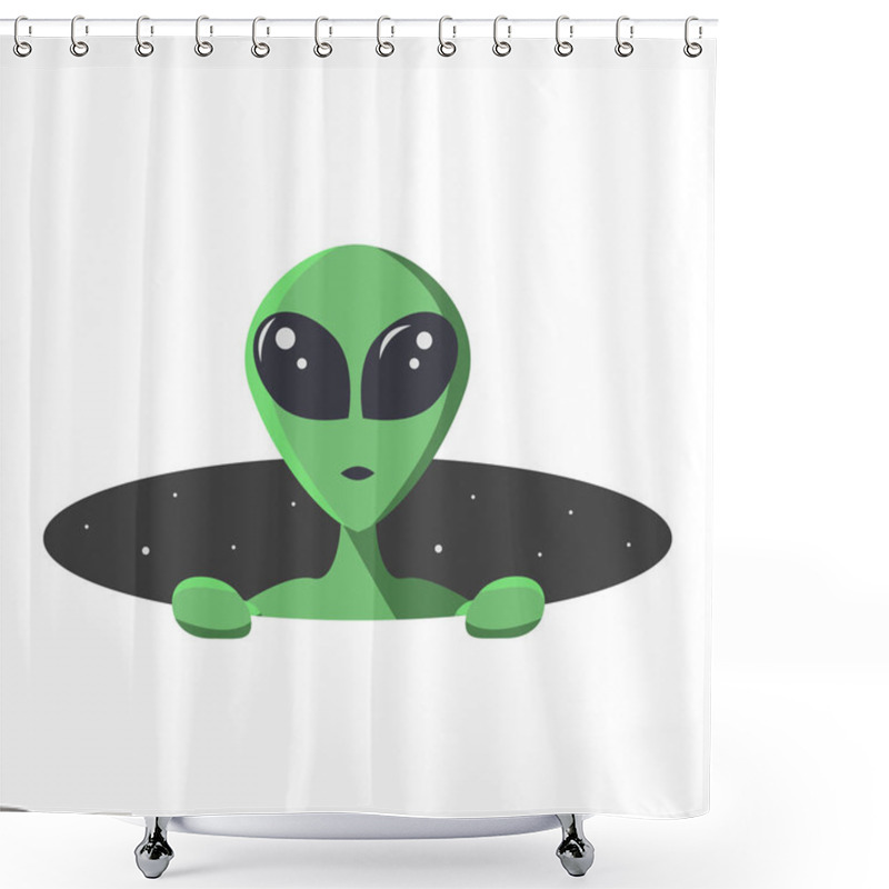 Personality  Green Alien Climbs Out From The Hole Of Space With Stars. Extraterrestrial In Flat Cartoon Style For T-shirt, Print Or Textile.  Vector Illustration Shower Curtains