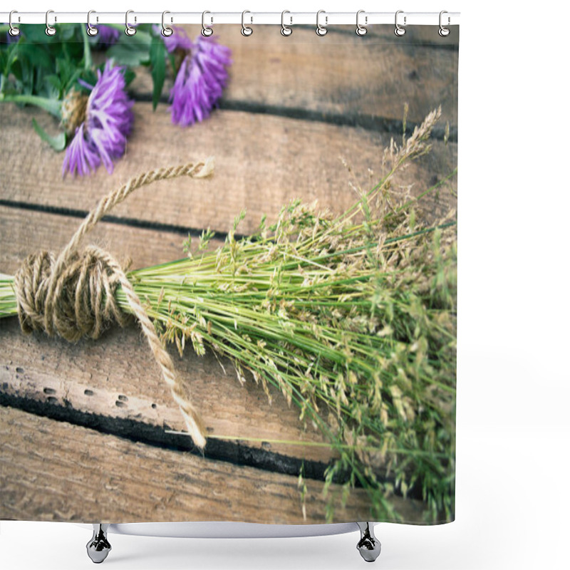 Personality  Sheaf Of Hay On A Wooden Background. Shower Curtains