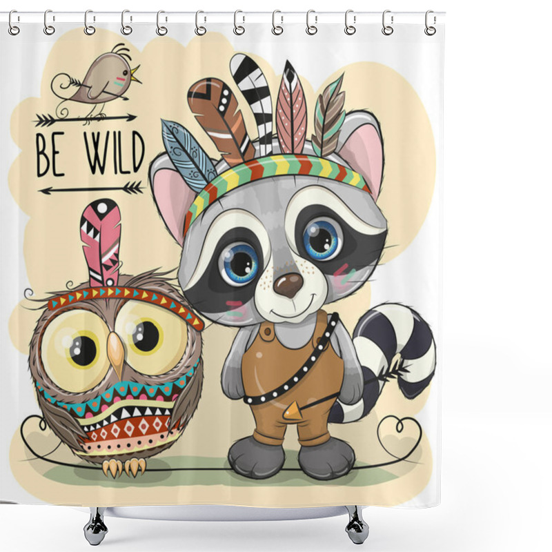 Personality  Cute Cartoon Tribal Raccoon And Owl With Feathers Shower Curtains