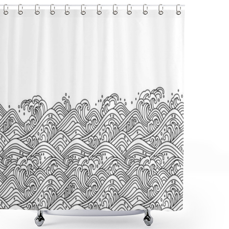 Personality  Oriental Wave Seamless Background. Line Art Vector Illustration. Shower Curtains