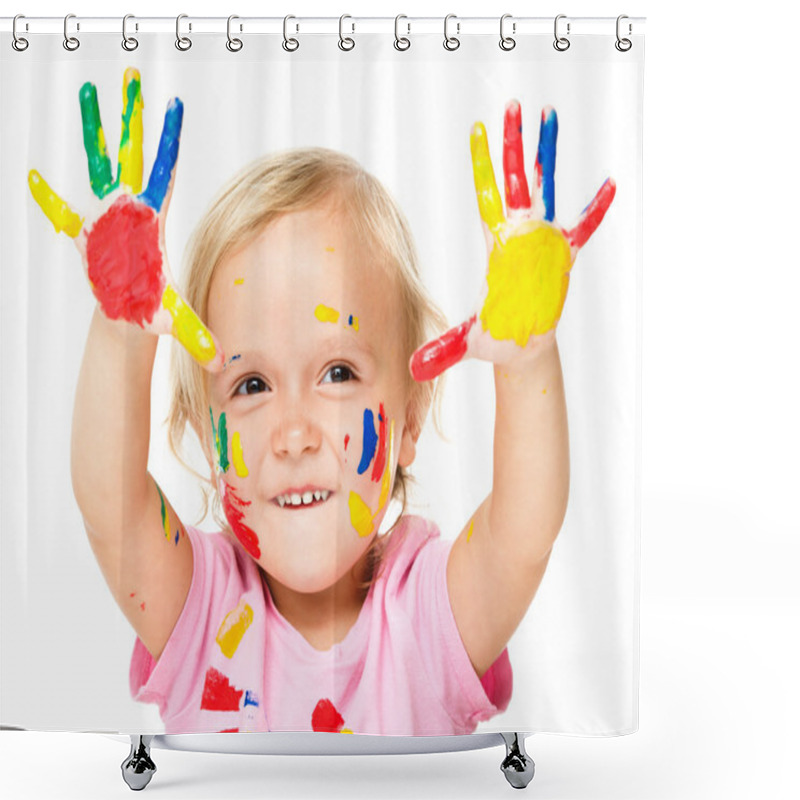 Personality  Portrait Of A Cute Little Girl Playing With Paints Shower Curtains