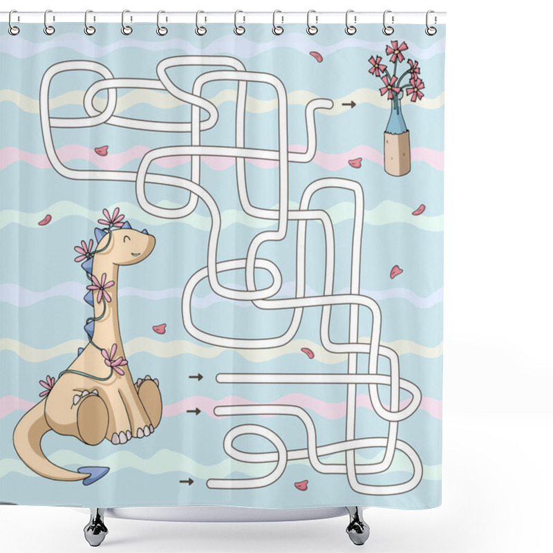 Personality  Labyrinth. Maze Game For Kids. Help Cute Cartoon Dinosaur To Find Path To The Flowers. Vector Illustration. Pastel Colors. Shower Curtains