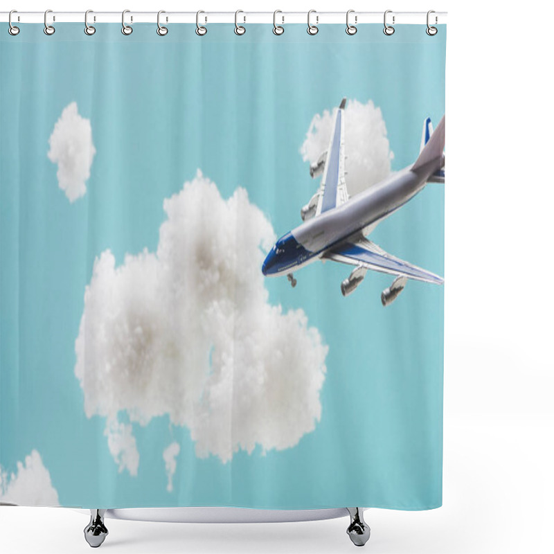 Personality  Toy Plane Flying Among White Fluffy Clouds Made Of Cotton Wool Isolated On Blue Shower Curtains