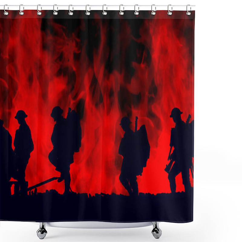 Personality  Outline Of WWI Soldiers Walking Over Colourful Flames Shower Curtains