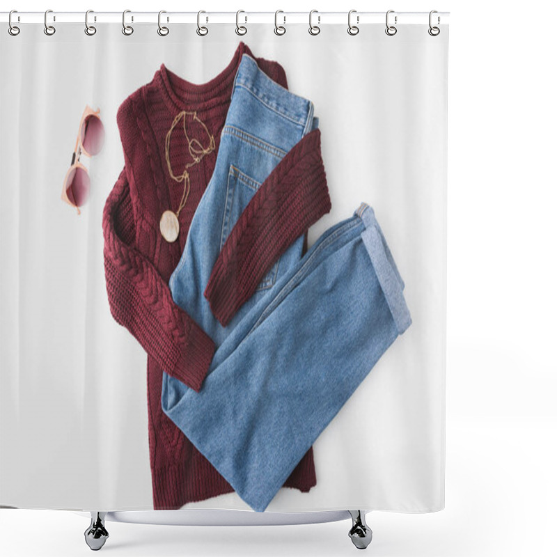 Personality  Knitted Sweater, Trendy Jeans And Accessories Shower Curtains