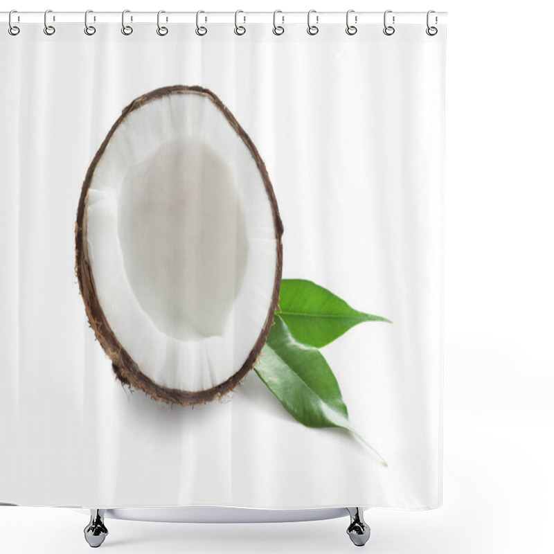 Personality  Half Of Coconut With Leaves On White Background Shower Curtains