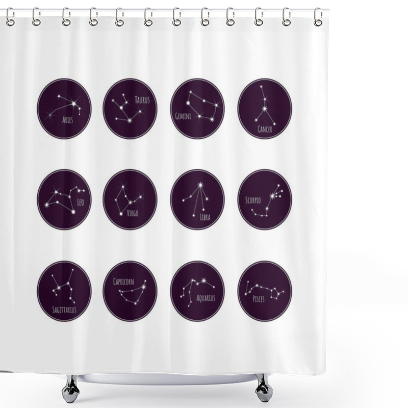 Personality  Collection Of 12 Signs Of The Zodiac Symbols. Astrological Constellations In A Circle. Representation Of The Signs Of The Zodiac For The Astrological Horoscope. Stock Vector Illustration. Shower Curtains