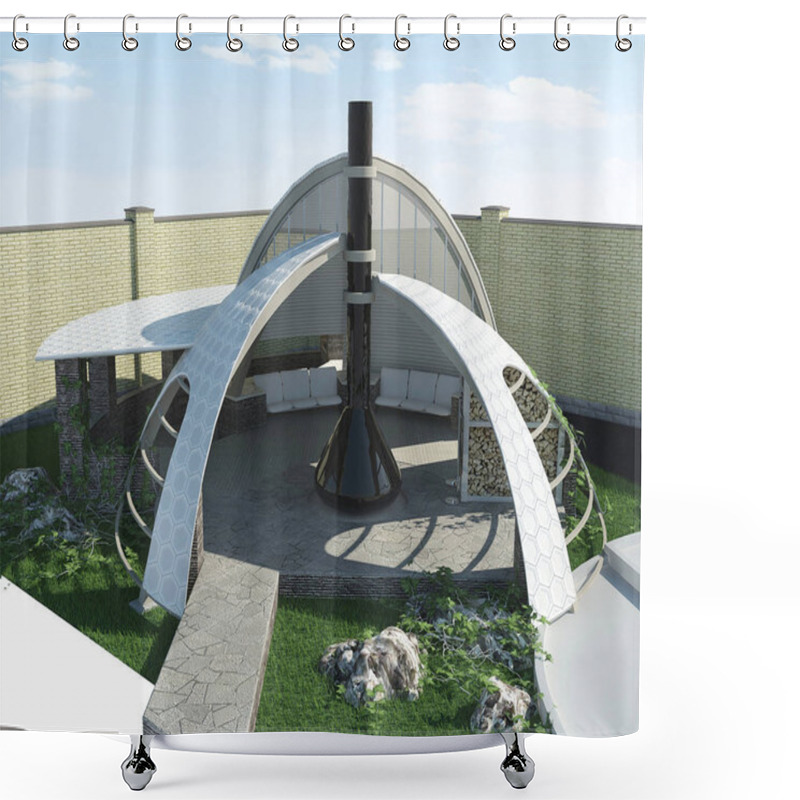 Personality  Modern Gazebo Exterior And Alfresco Living Area, 3D Illustration Shower Curtains