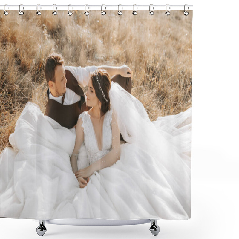 Personality  Portrait Of A Stylish Groom With A Bride On A Background Of Autumn Dry Grass. The Concept Of A Rural Wedding In The Mountains, Happy Bohemian Newlyweds. The Bride And Groom Are Lying On The Grass Shower Curtains