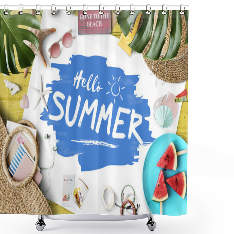 Personality  Hello Summer Text On Banner.  Shower Curtains