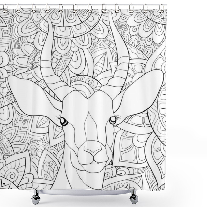 Personality  A Cute Head Of Antilope On The Abstract Floral Background  Image For Relaxing.A Coloring Book,page For Adults.Zen  Art Style Illustration For Print.Poster Design. Shower Curtains