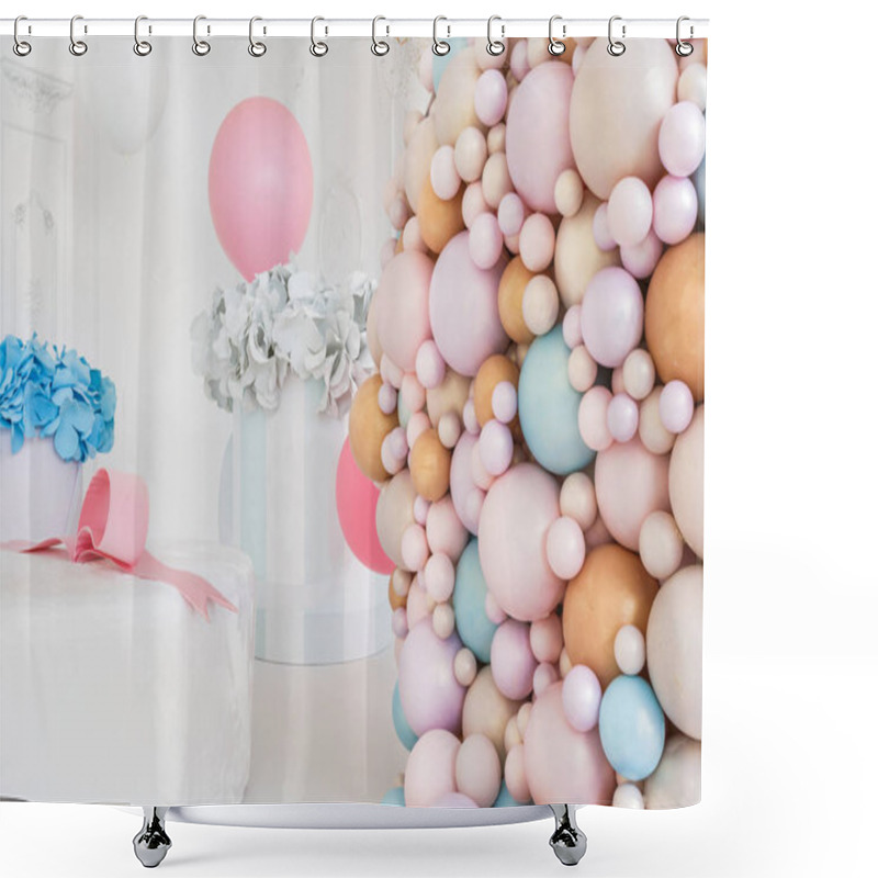 Personality  Boxes With Flowers And A Large Pudrinitsa With Balls And Balloons In Room Decorated For Birthday Party. Shower Curtains