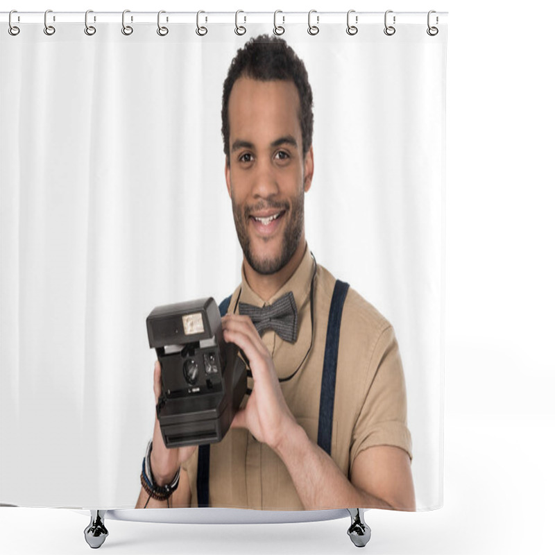 Personality  Young Man With Instant Camera  Shower Curtains