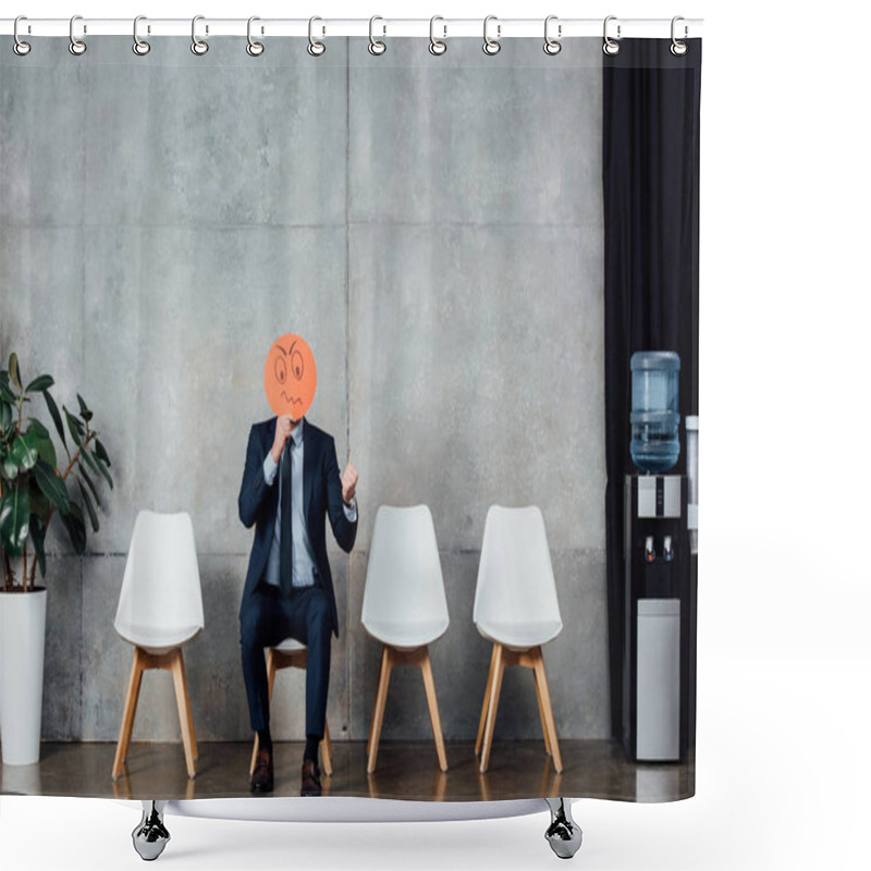 Personality  Businessman In Suit Sitting On Chair And Holding Card With Confused Face Expression In Waiting Hall Shower Curtains