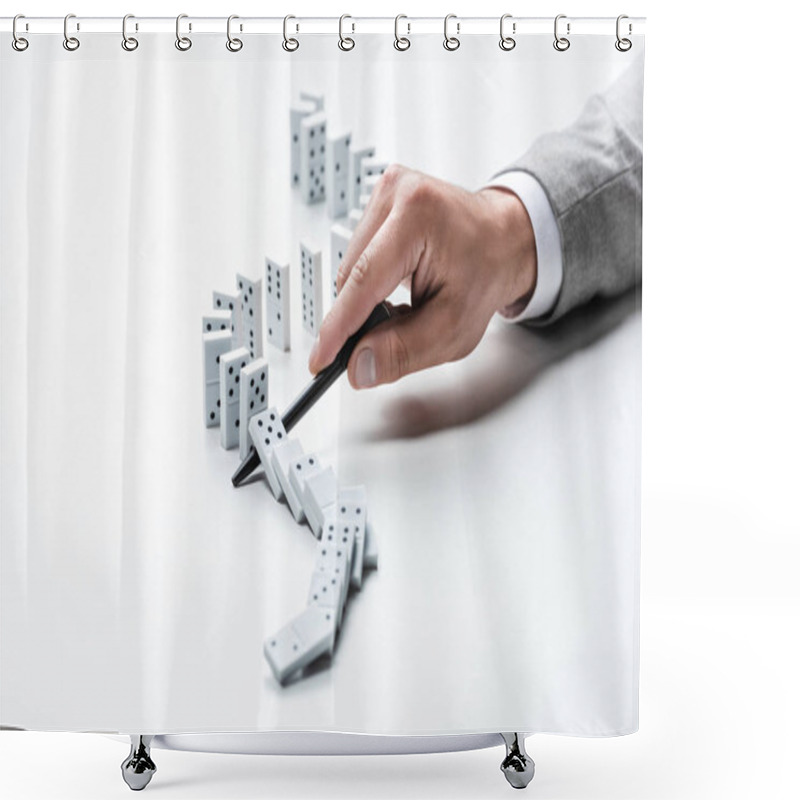 Personality  Cropped View Of Man Preventing Dominoes From Falling With Pen On White Background Shower Curtains