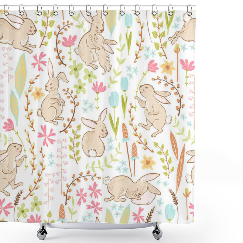 Personality  Easter Seamless Pattern With Cartoon Cute Bunnies And Flowers With Branches In Pastel Colors, Vector, Illustration Shower Curtains