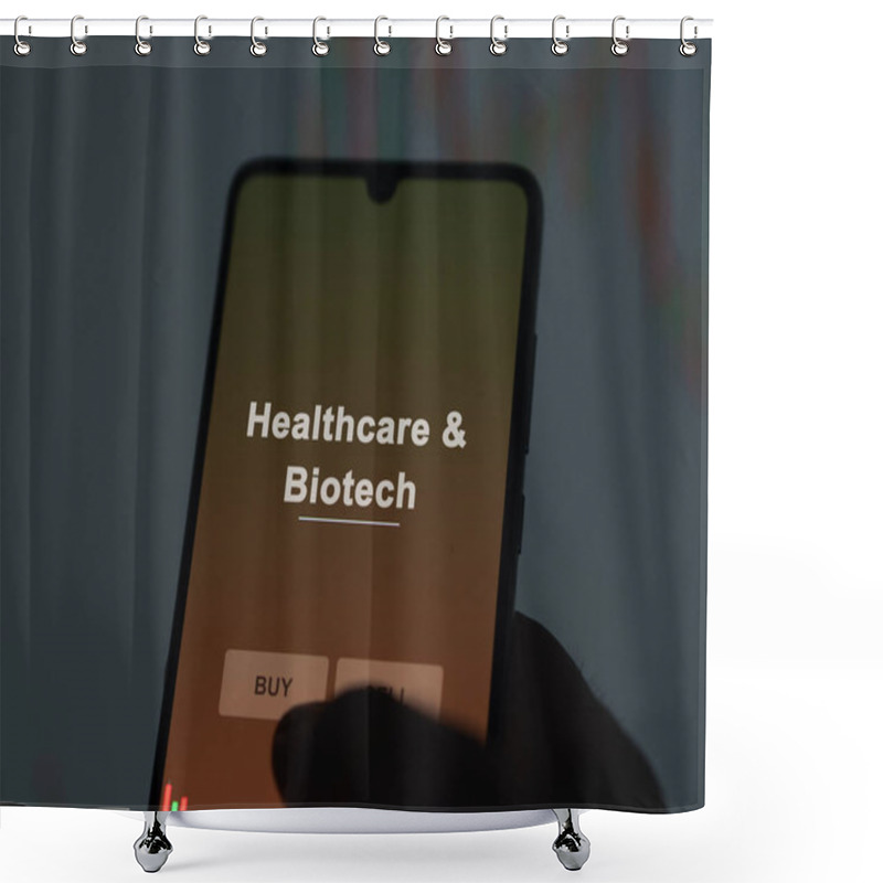 Personality  An Investor Analyzing The Healthcare & Biotech Etf Fund On A Screen. A Phone Shows The Prices Of Healthcare & Biotech Shower Curtains