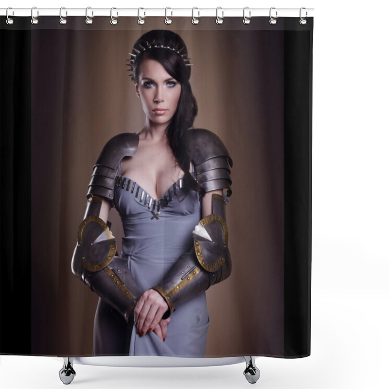 Personality  Portrait Of A Beautiful Lady Warrior, Dark-haired Girl In A Gray Shower Curtains