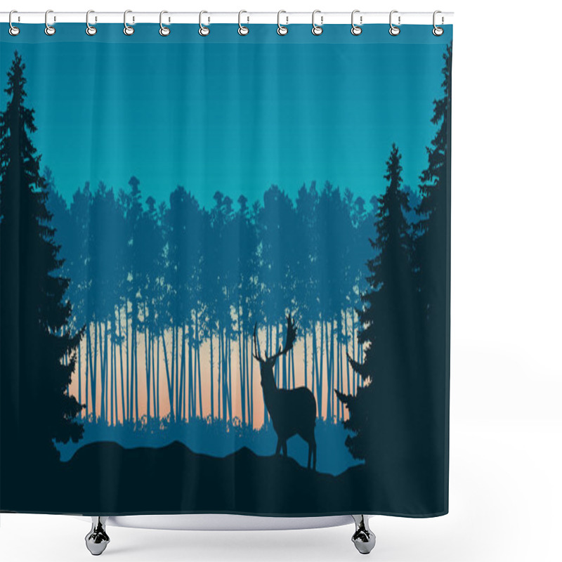 Personality  Realistic Illustration Of Landscape With Coniferous Forest And Morning Blue Sky With Rising Sun. Deer With Antlers Standing. Suitable As Advertising For Hunting Or Nature - Vector Shower Curtains