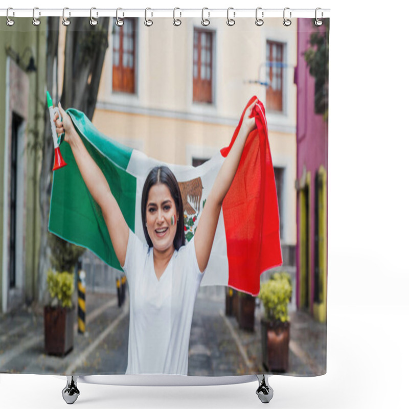 Personality  Mexican Woman At Independence Day In Mexico Holding A Flag Of Mexico Shower Curtains