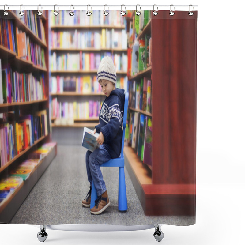 Personality  Adorable Little Boy, Sitting In A Book Store Shower Curtains