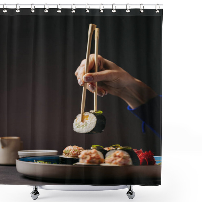 Personality  Hand Holding Sushi Roll With Chopsticks, Showcasing Fresh Ingredients Of Cucumber And Crab. High Quality Photo Shower Curtains